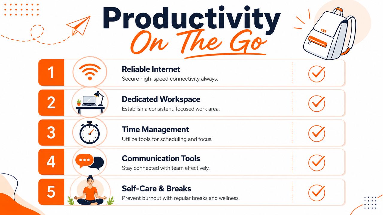 An infographic titled Productivity On The Go listing five essential tips for remote work success while traveling.