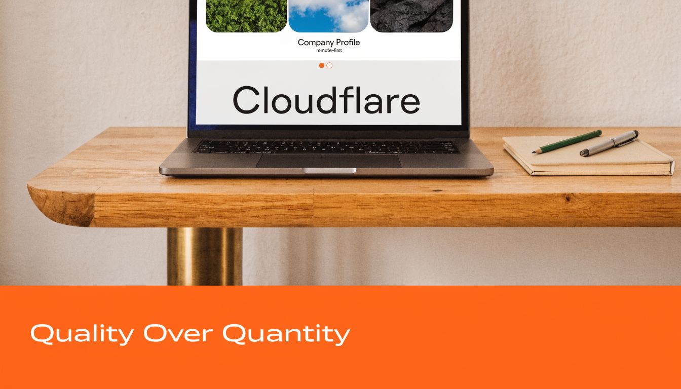 A laptop open on a wooden desk displaying the Cloudflare company profile, accompanied by a notebook and pens.