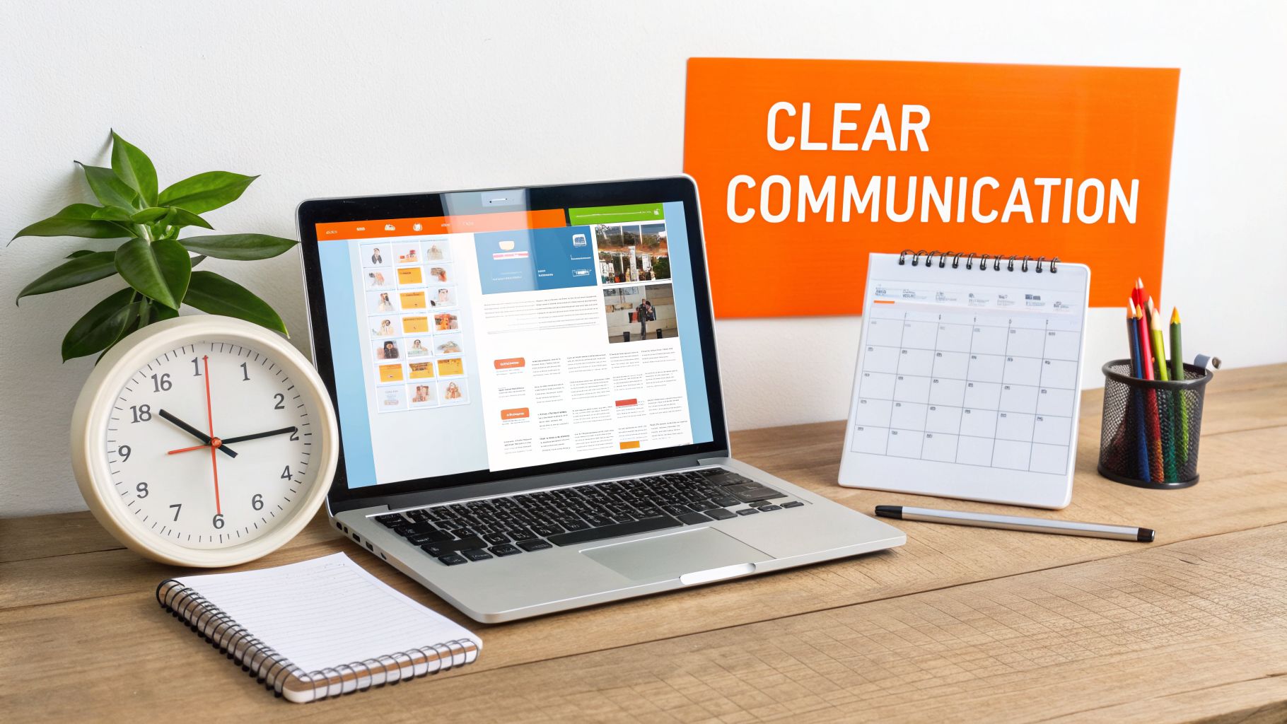 A well-organized wooden desk featuring a laptop, analog clock, calendar, and a prominent 'CLEAR COMMUNICATION' poster.