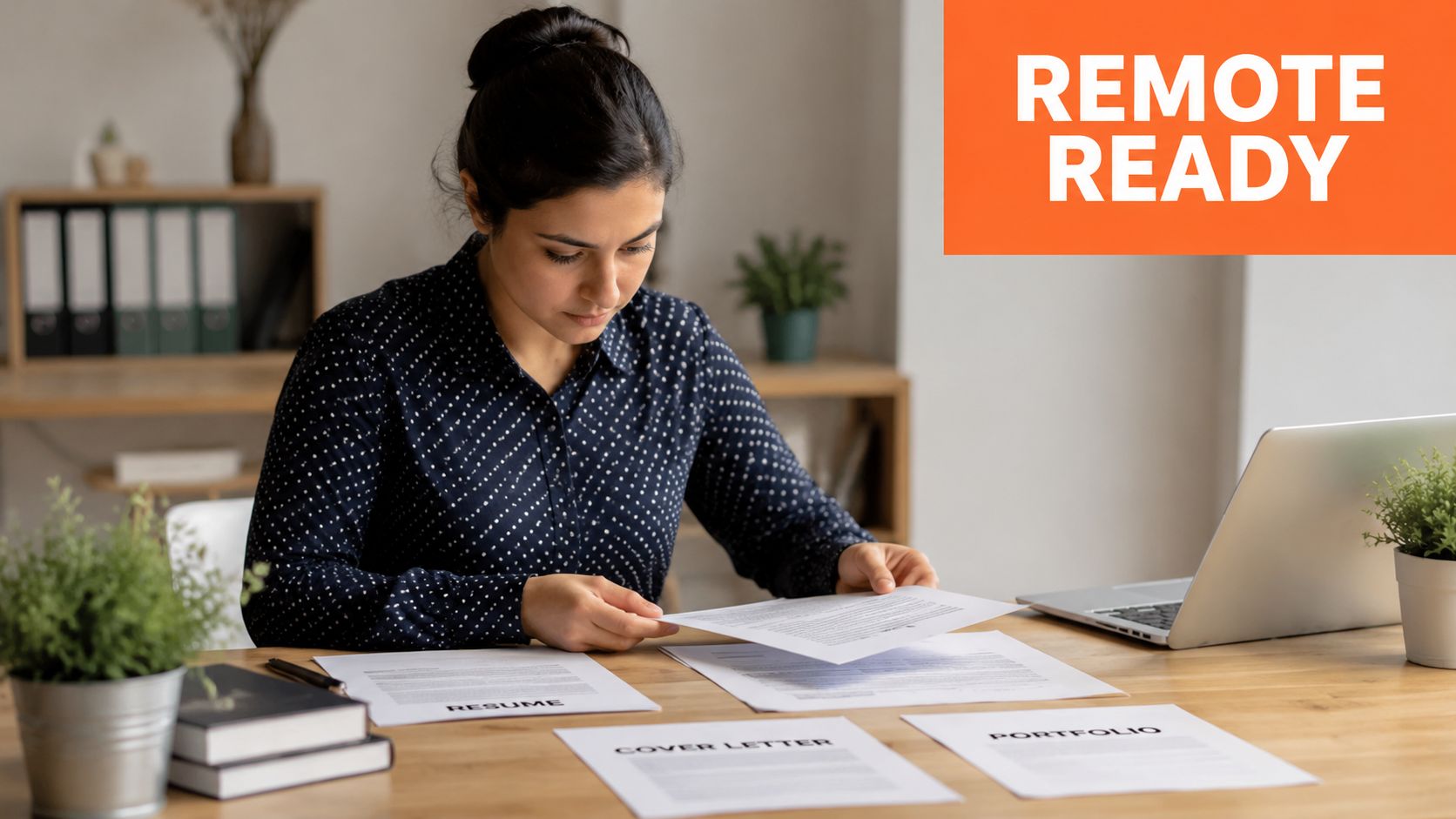 A professional woman organizing her resume, cover letter, and portfolio at a desk while working remotely.