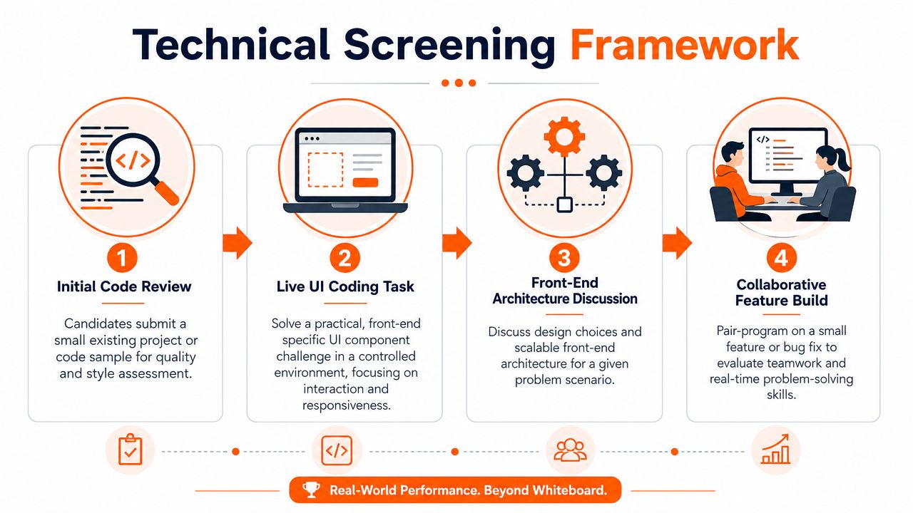 A four-step framework infographic for hiring front-end developers, detailing code review, UI coding, architecture, and collaboration.
