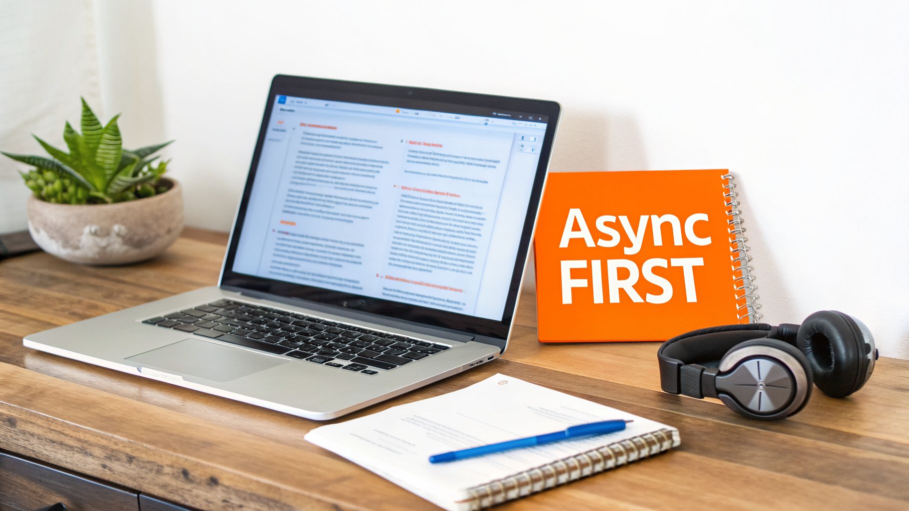 Modern remote workspace setup featuring a laptop, plant, headphones, and 'Async FIRST' notebook.