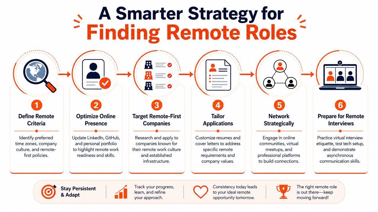 A flowchart outlining a six-step strategy for job seekers to find and secure remote work roles.
