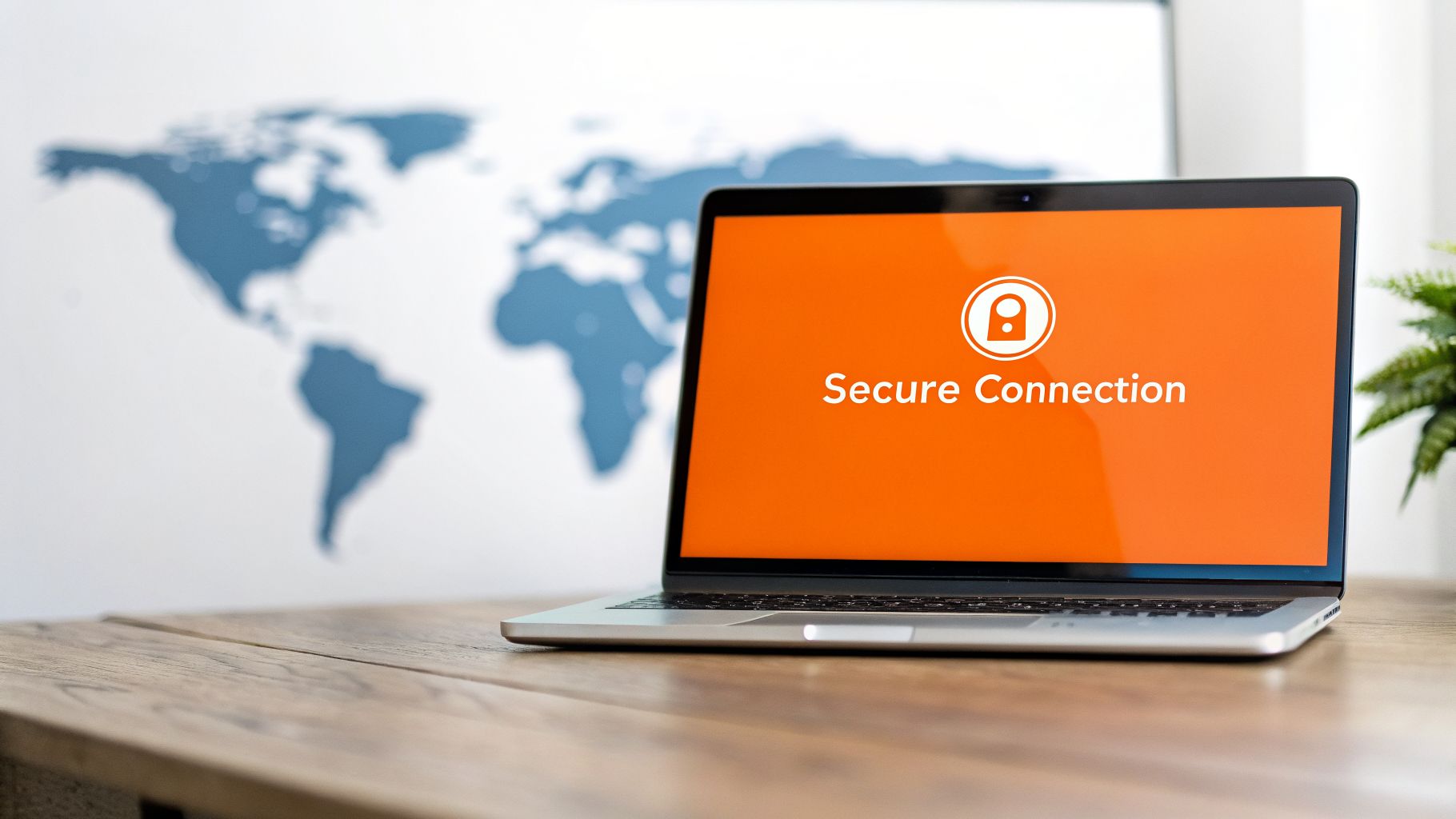 A laptop displaying "Secure Connection" on an orange screen, with a blurred world map background.