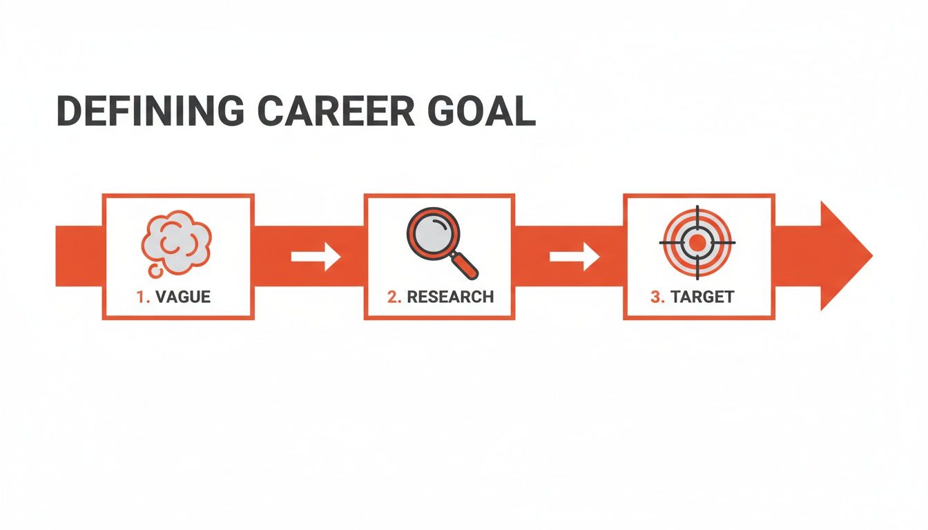 A flowchart showing three steps to defining a career goal: Vague, Research, and Target.