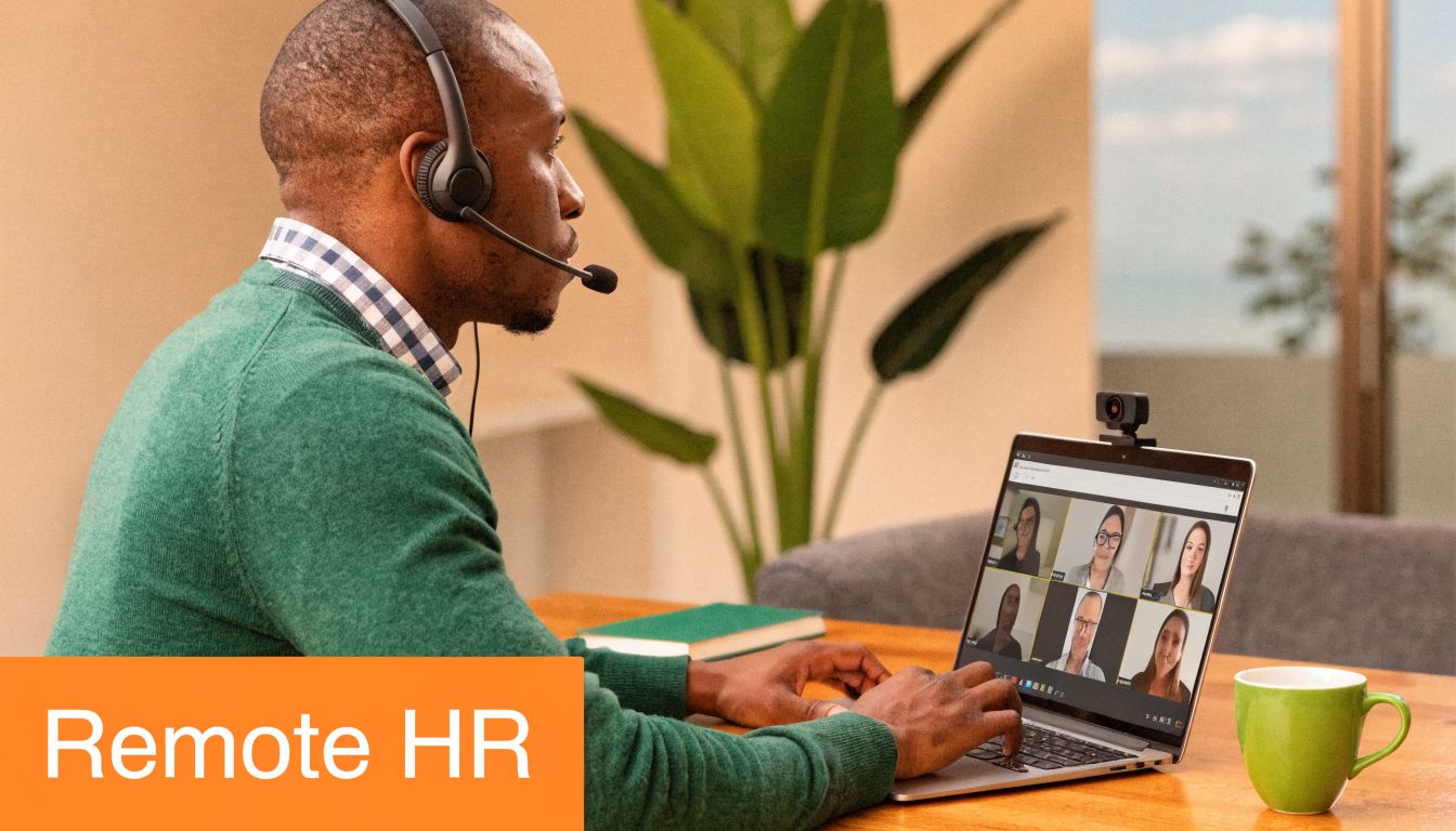 A professional man wearing a headset participates in a remote HR virtual meeting on his laptop computer.