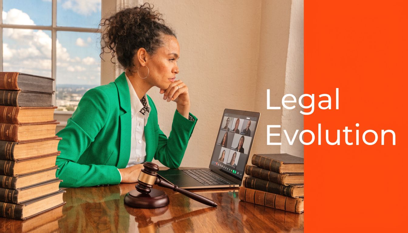 A professional woman in a green blazer sits at a desk with law books and a gavel.