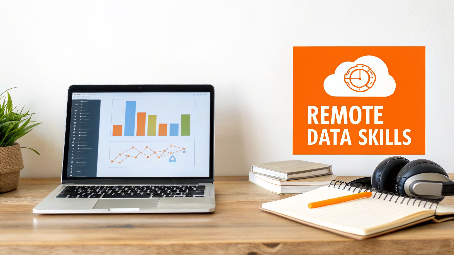 A laptop displays data charts next to a 'Remote Data Skills' sign on a wooden desk.