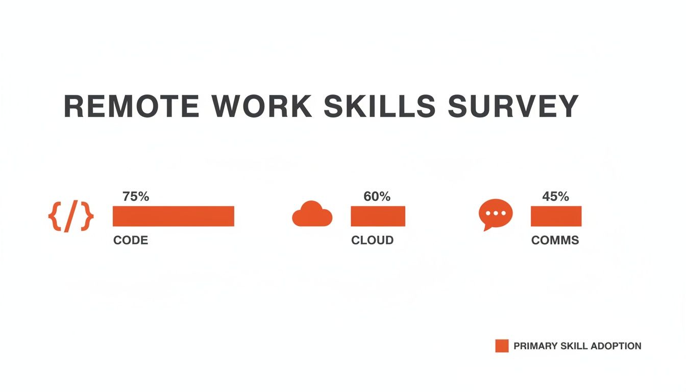 Survey results illustrate primary skill adoption for remote work: 75% code, 60% cloud, and 45% communications.