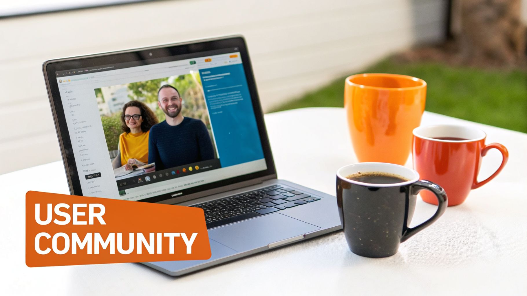 A laptop shows a smiling man and woman on screen, with three coffee mugs and a 'USER COMMUNITY' banner.