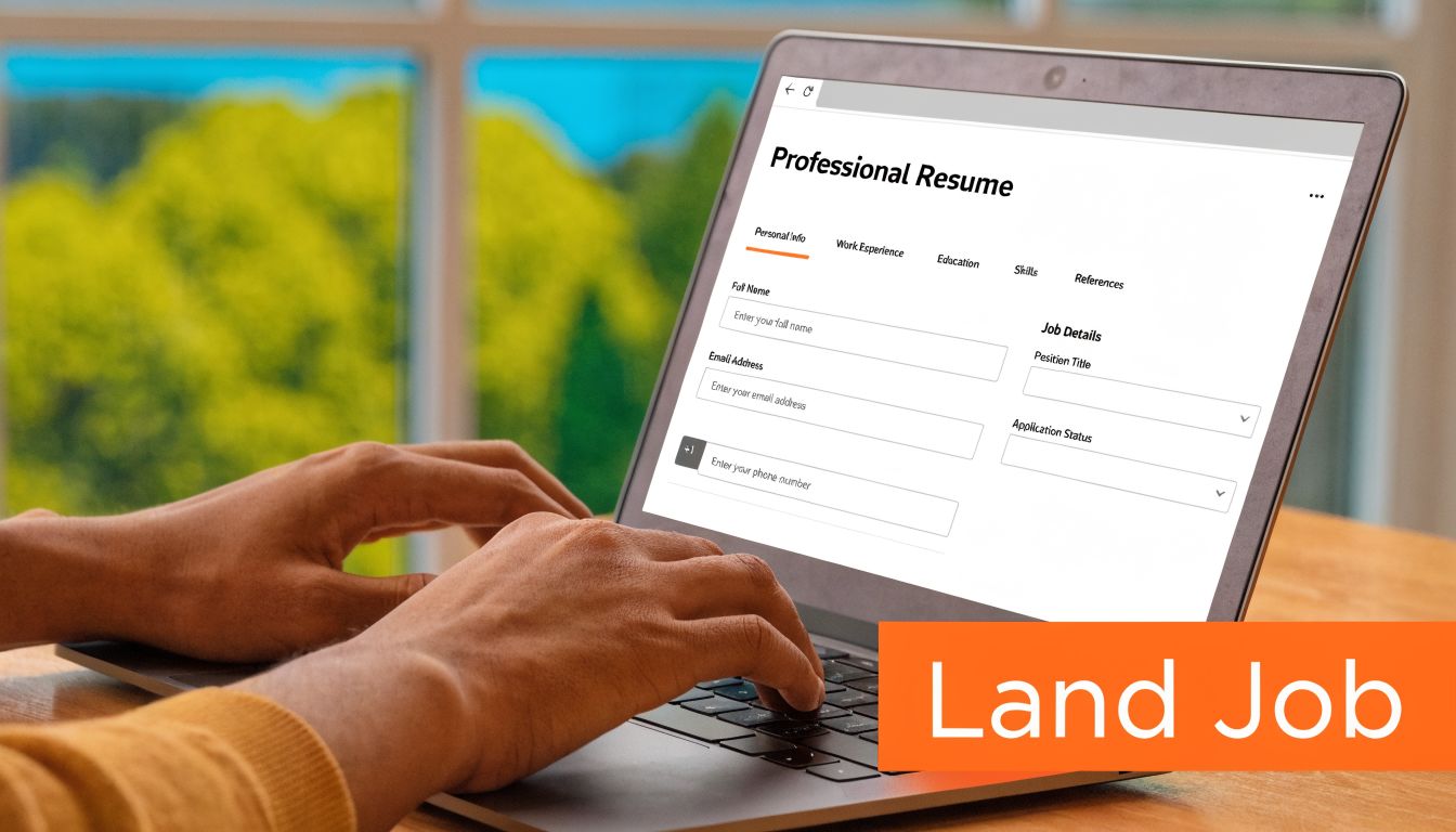 A professional typing on a laptop computer while filling out an online resume form for job applications.