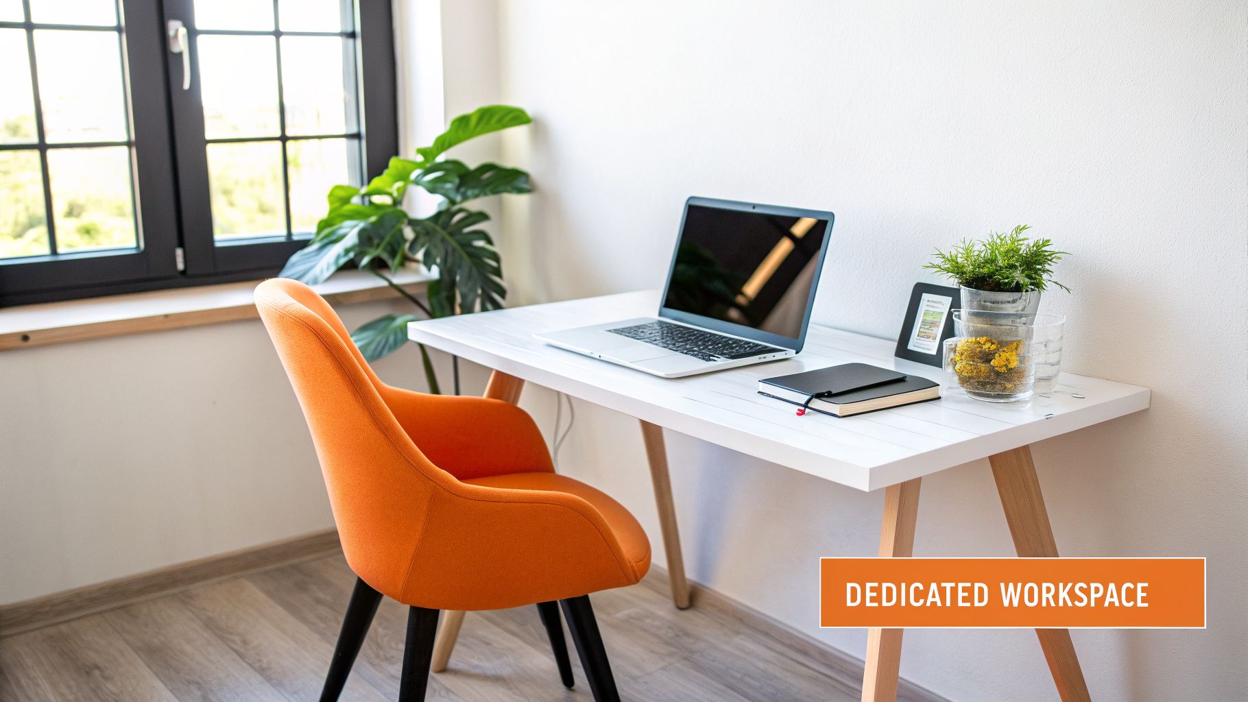 A bright and organized dedicated workspace featuring a laptop on a white desk, an orange chair, and a green plant.