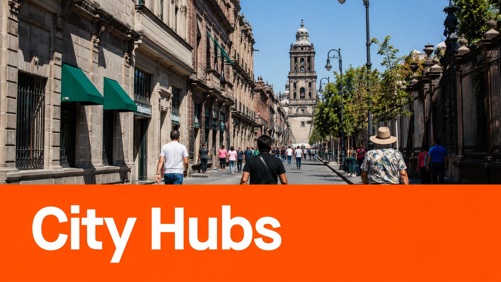 Pedestrians walk down a historic street in Mexico City toward the Metropolitan Cathedral on a sunny day.
