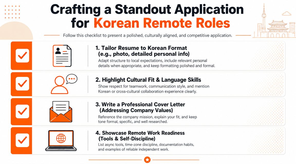 A checklist for creating a professional job application for remote positions based in South Korea.