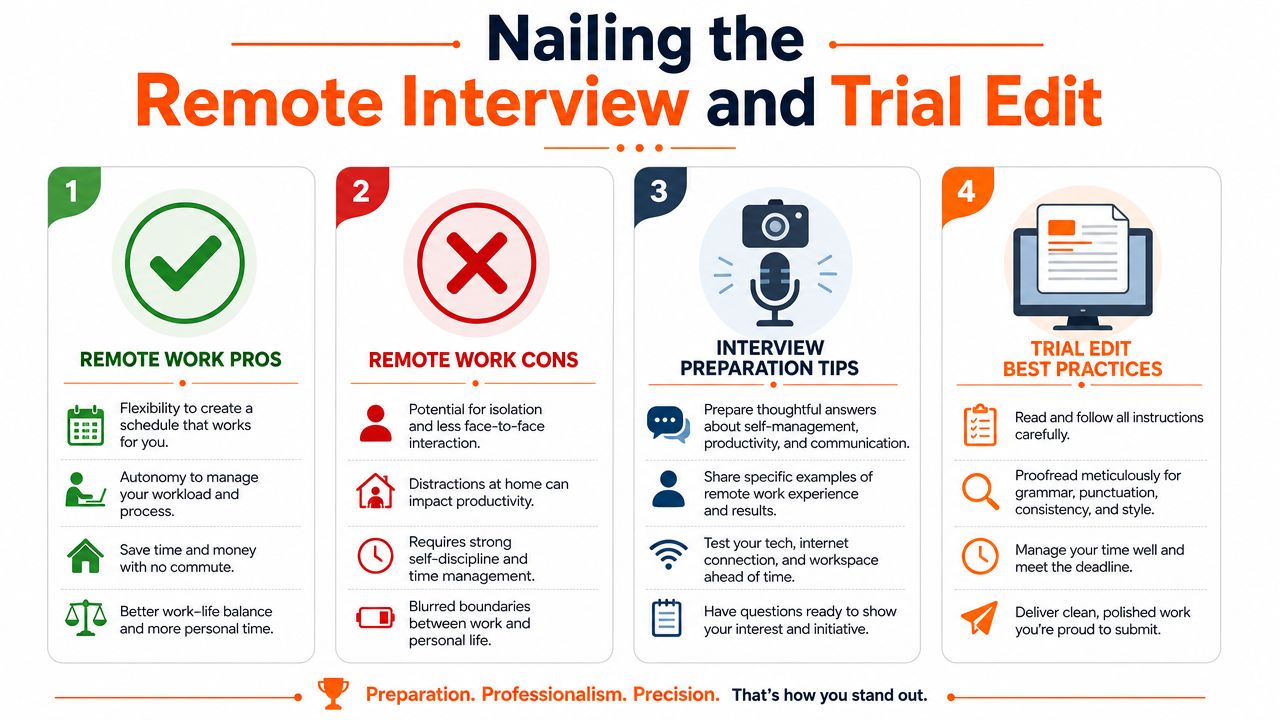An infographic detailing tips for remote interviews and trial edits for entry level editing jobs.
