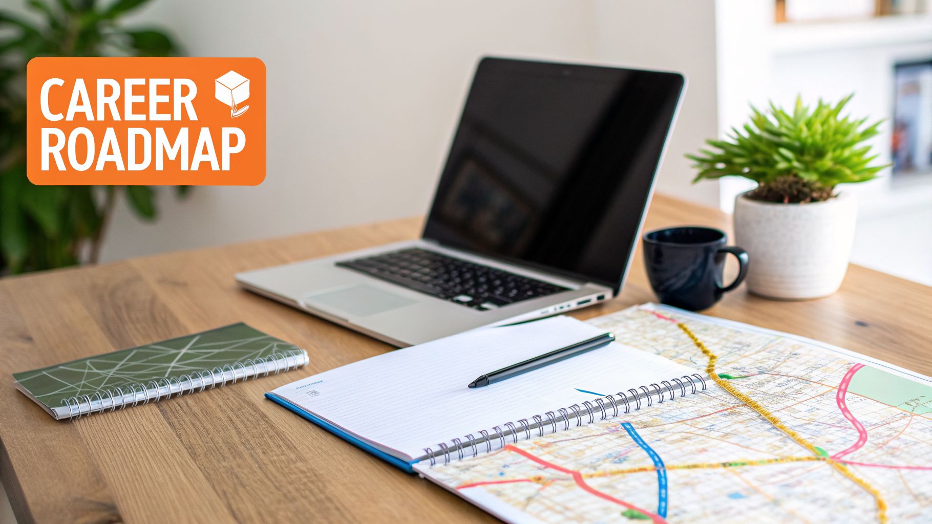 An office desk featuring a laptop, notebooks, map, and a "CAREER ROADMAP" banner.