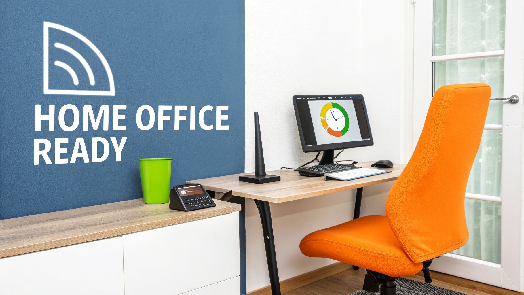 A clean, modern home office setup with a computer, an orange chair, and a 'Home Office Ready' sign.