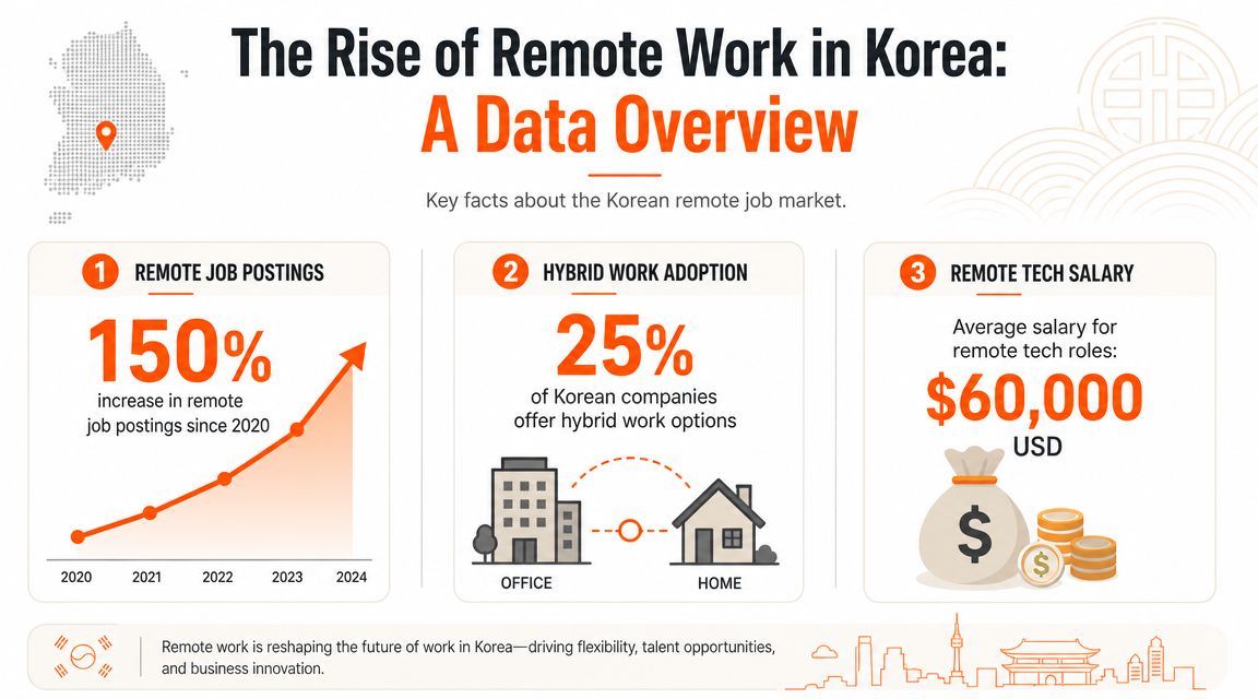 An infographic showing the rise of remote work in South Korea with statistics on job postings, hybrid work, and salaries.