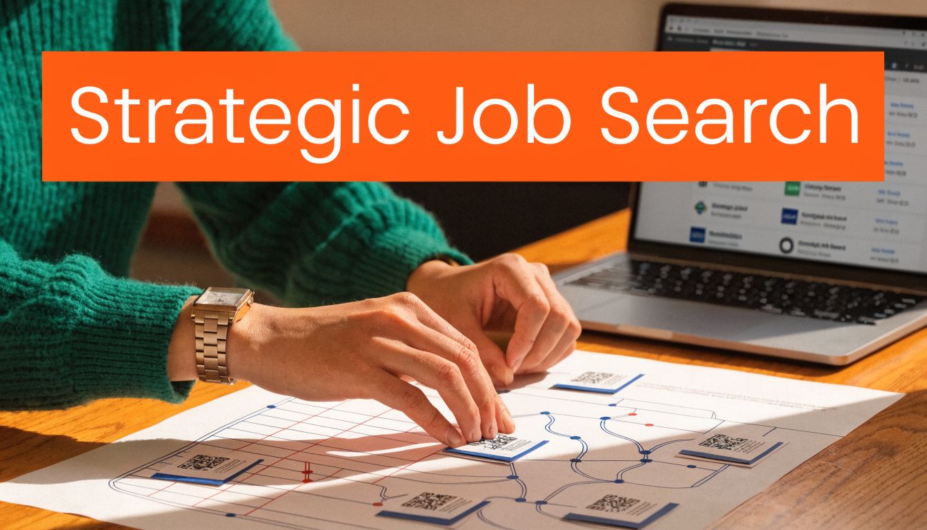 A professional analyzing a strategic job search plan with a laptop on a wooden desk.