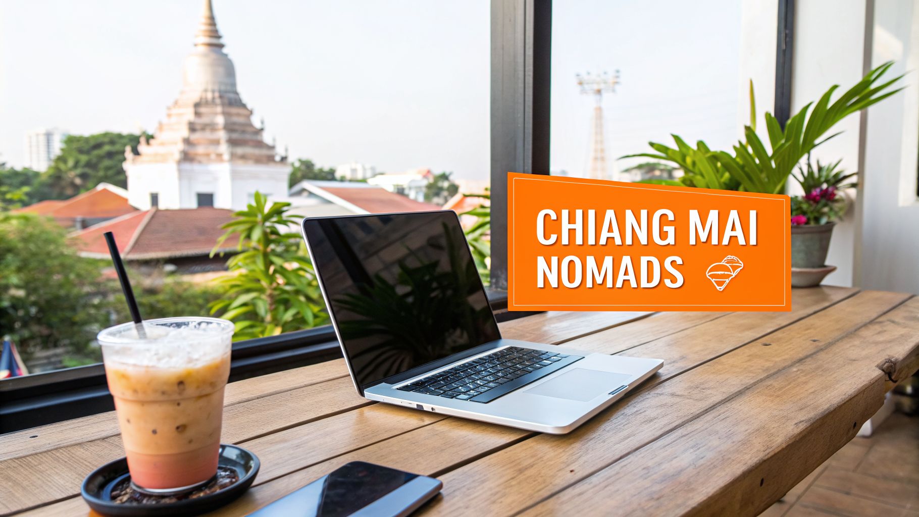 A digital nomad workspace in Chiang Mai with a laptop, iced coffee, and a temple view.