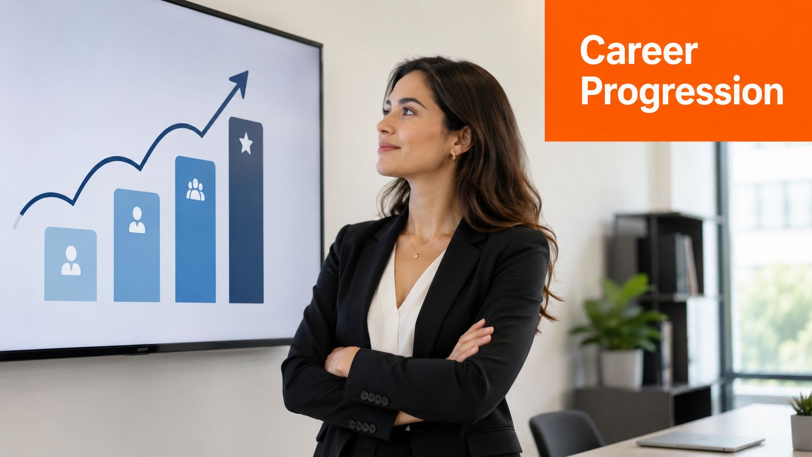 A professional woman in a business suit stands confidently in front of a chart showing career progression.