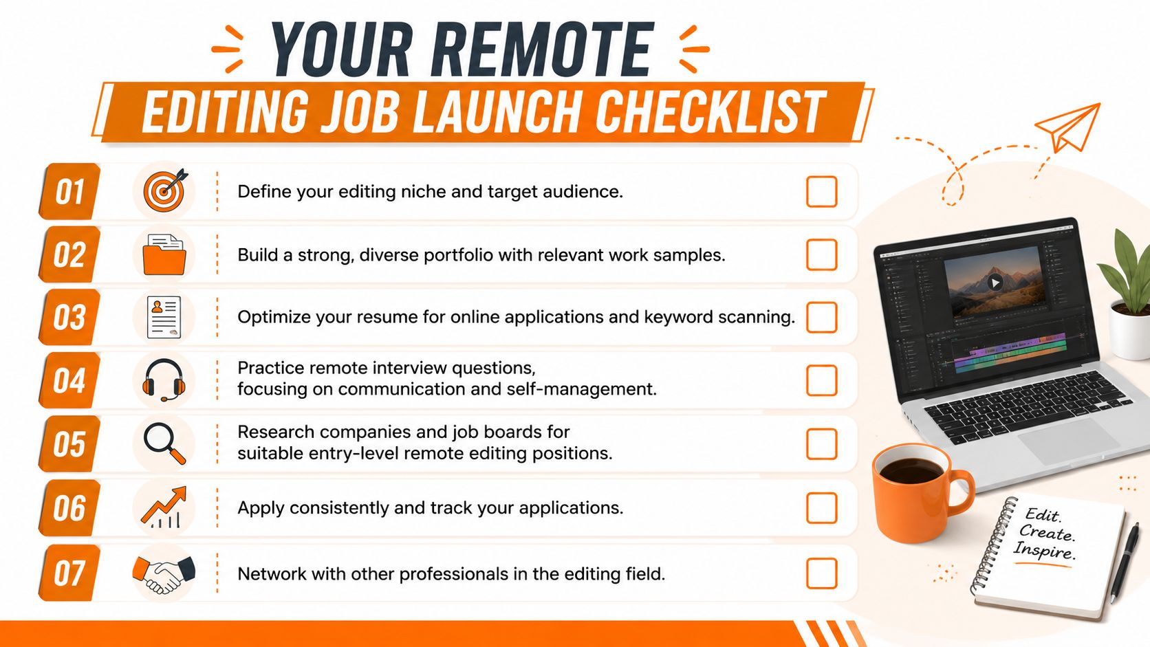 A checklist graphic for launching a remote video editing career featuring seven essential career development steps.