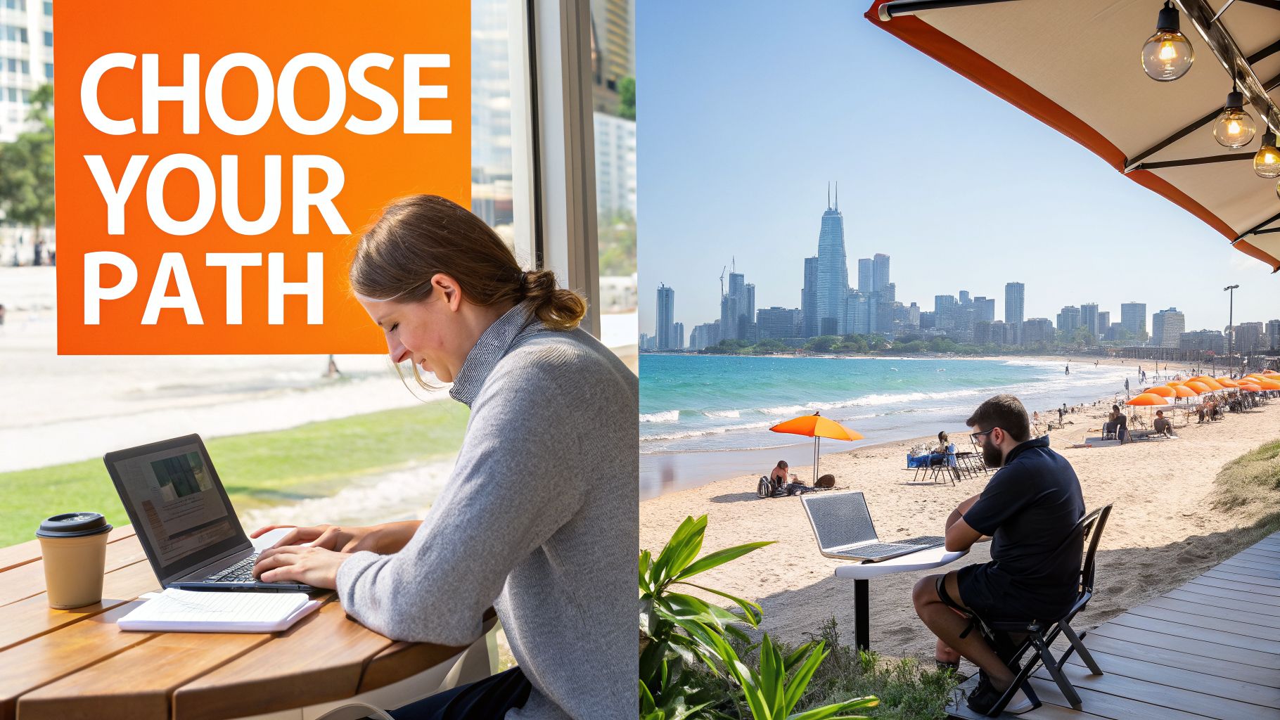 Image with 'CHOOSE YOUR PATH', showing people working indoors and on a sunny beach.