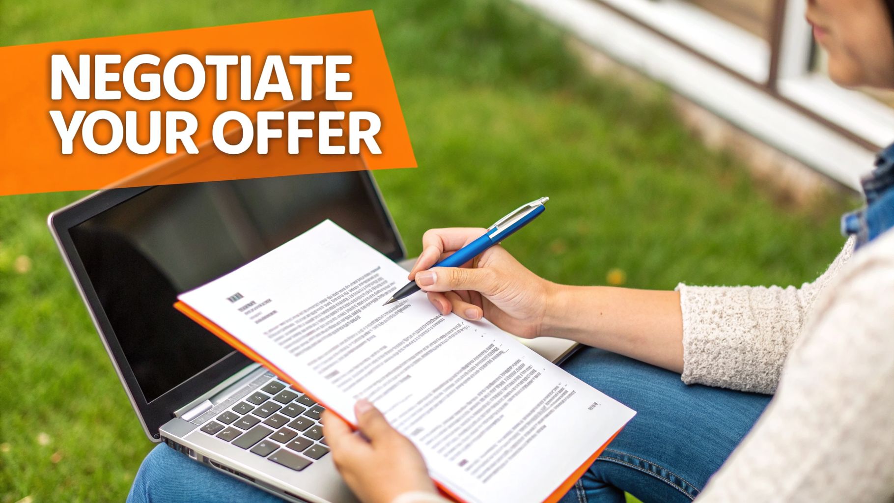 Person sitting outdoors with a laptop, signing a document under an orange banner reading 'NEGOTIATE YOUR OFFER'.