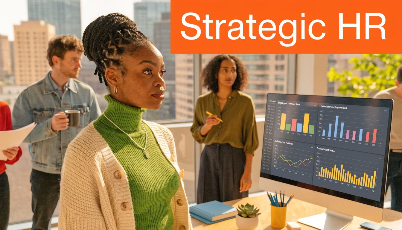 A professional team collaborating on human resources strategy while viewing data analytics on a computer monitor.