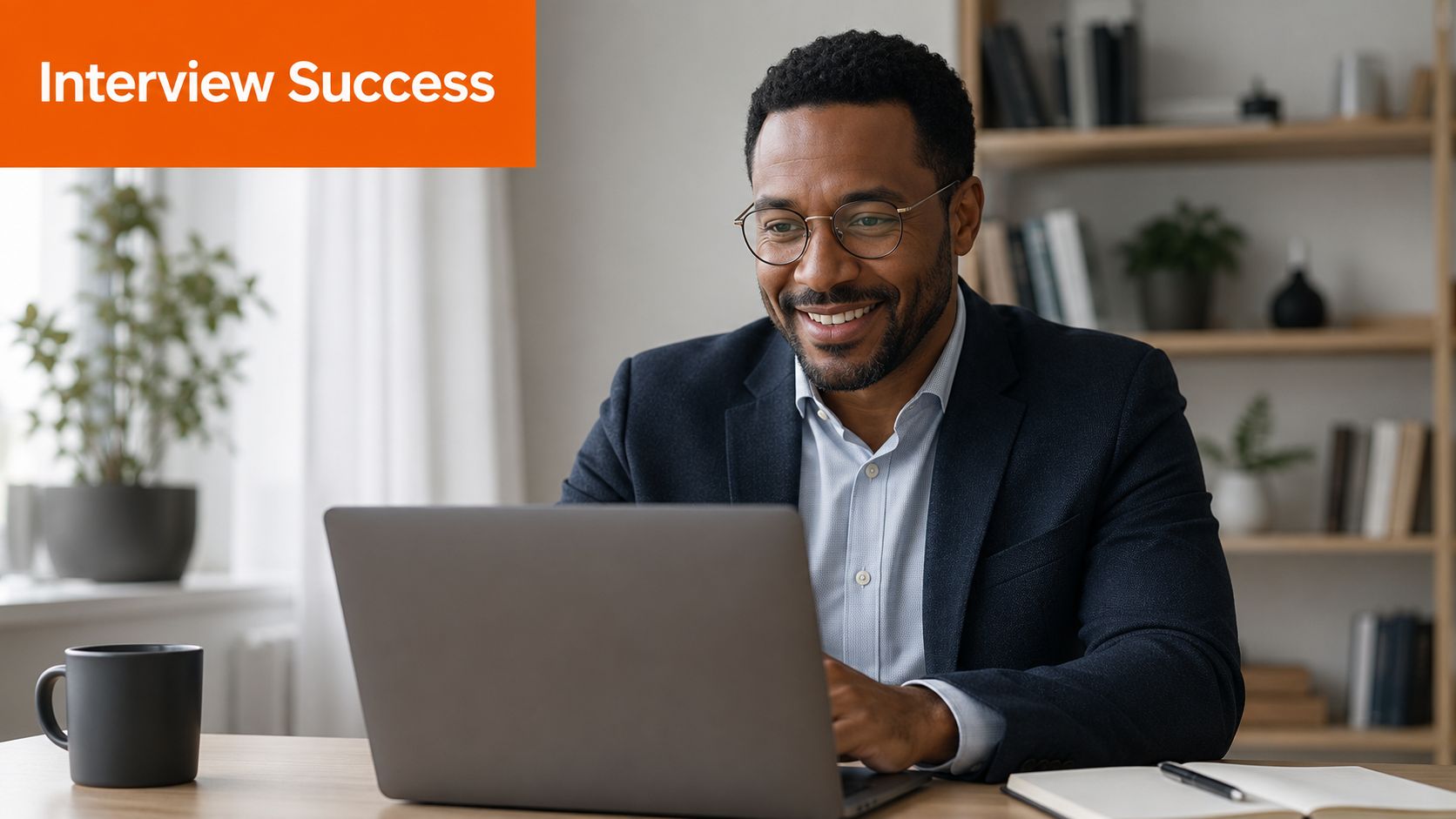 A professional man with glasses smiling while working on a laptop during an online job interview.