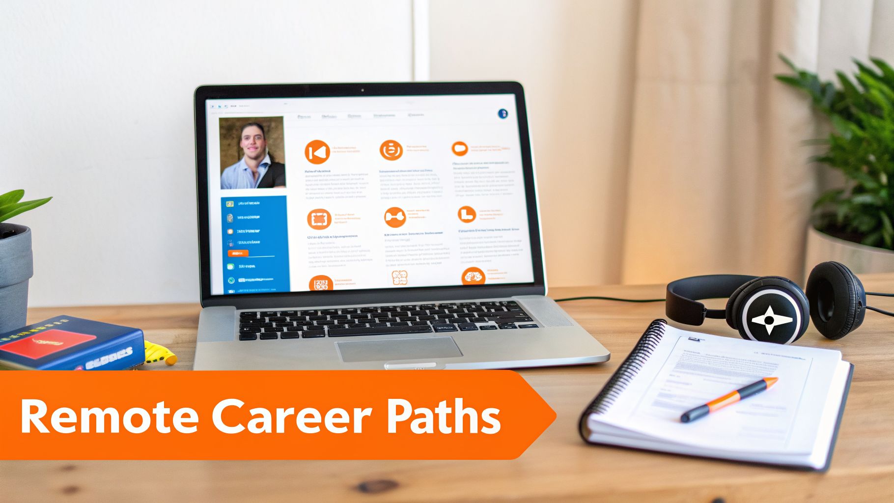 A laptop displaying a professional profile on a desk with headphones, a notebook, and plants, highlighting remote career paths.