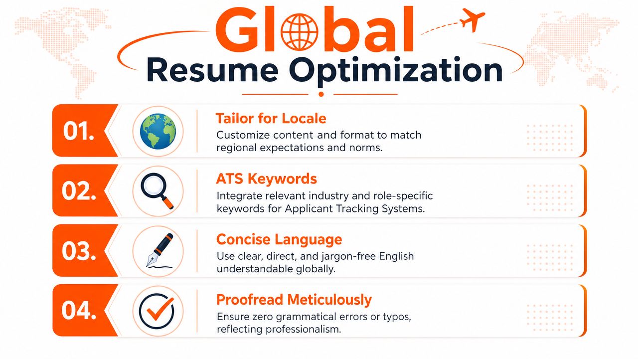 A four-step infographic showing how to optimize resumes for international job applications including keywords and localization.