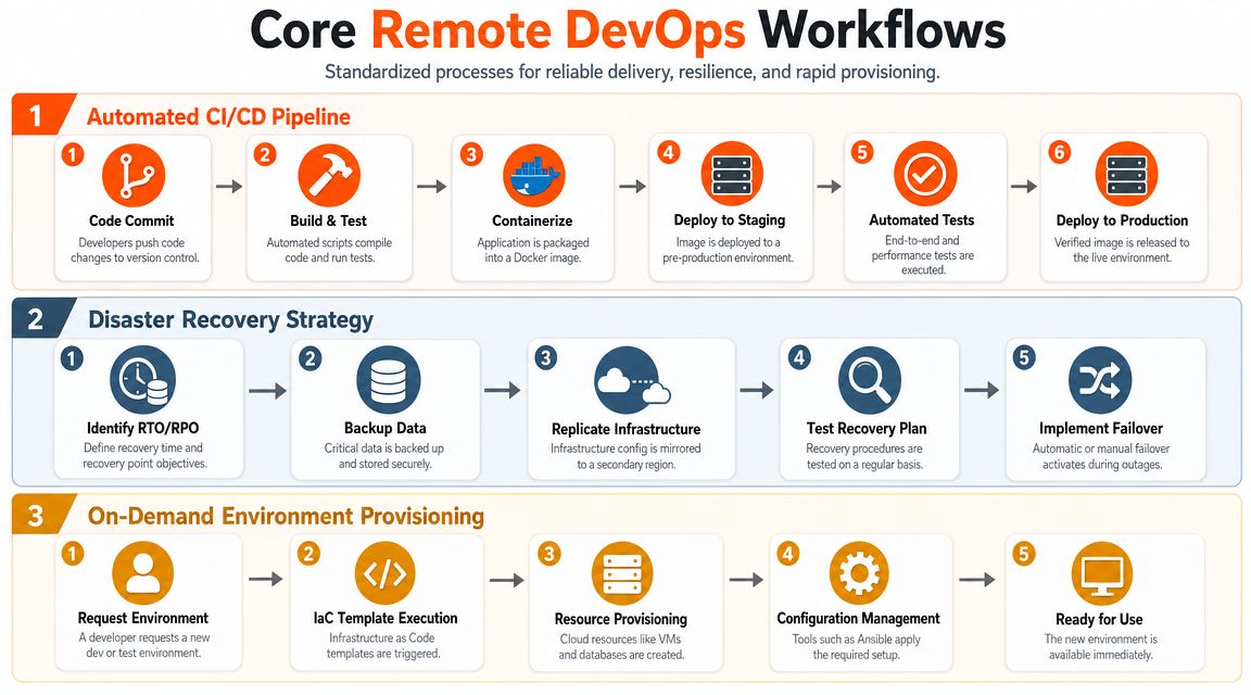 A diagram illustrating three core remote DevOps workflows including CI/CD pipelines, disaster recovery, and environment provisioning.