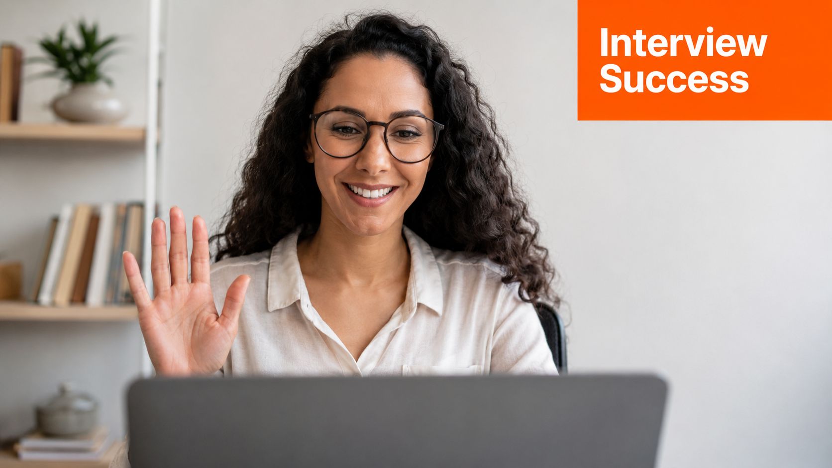 A smiling woman with curly hair wearing glasses waves during a remote job interview on her laptop.