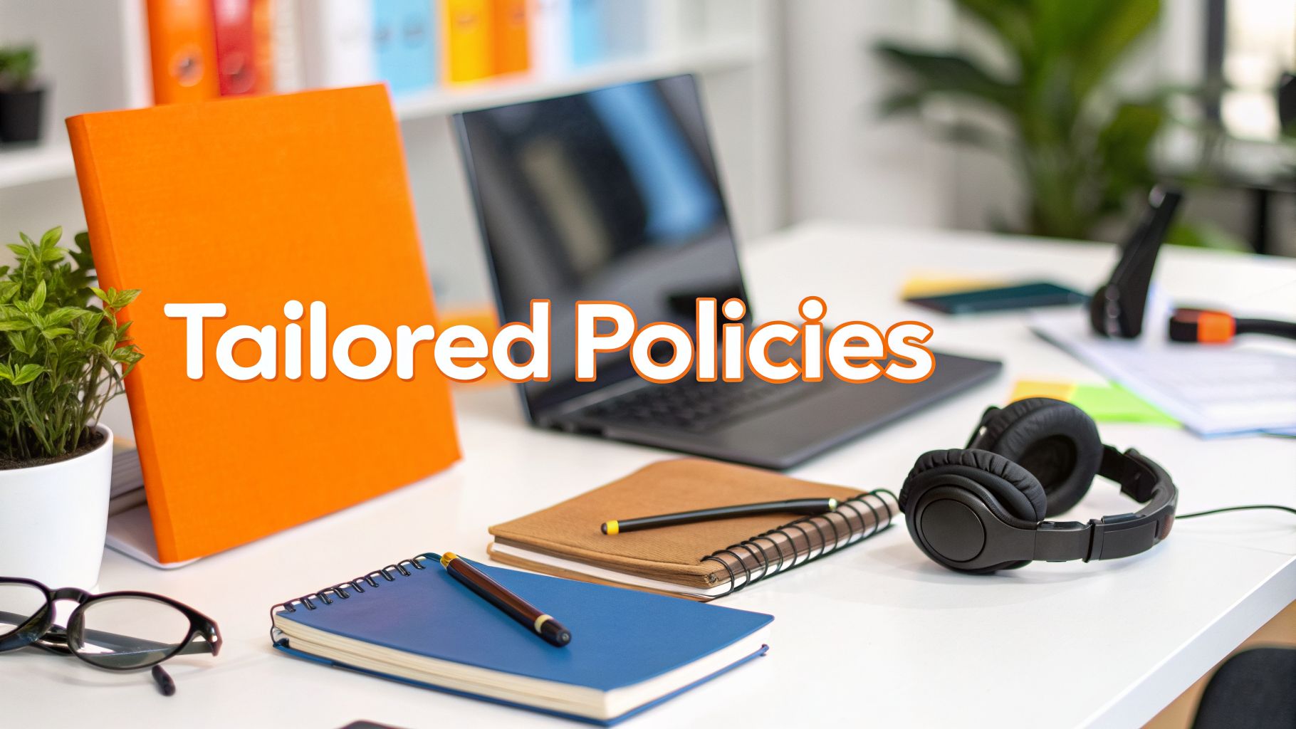 A clean office desk with an orange binder, laptop, notebooks, and pens, displaying 'Tailored Policies'.
