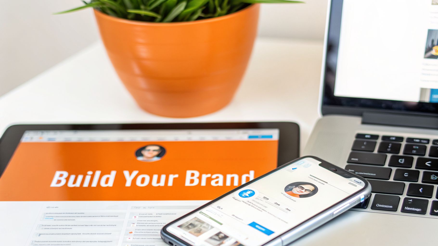 A desk setup featuring a tablet displaying 'Build Your Brand', a smartphone, a laptop, and a potted plant.