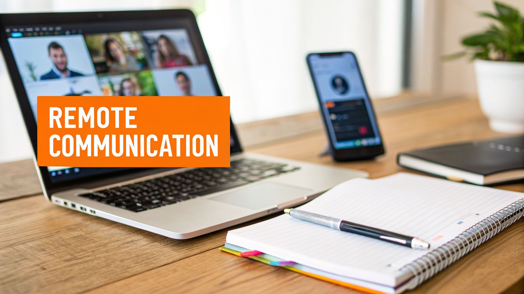 A laptop shows a video conference call, a smartphone, and a notebook for remote communication.