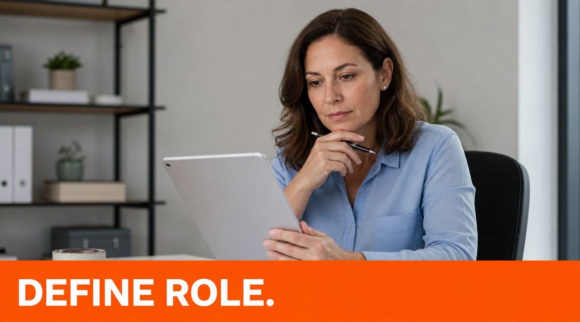 A professional woman in an office setting holding a tablet and contemplating while wearing a blue shirt.