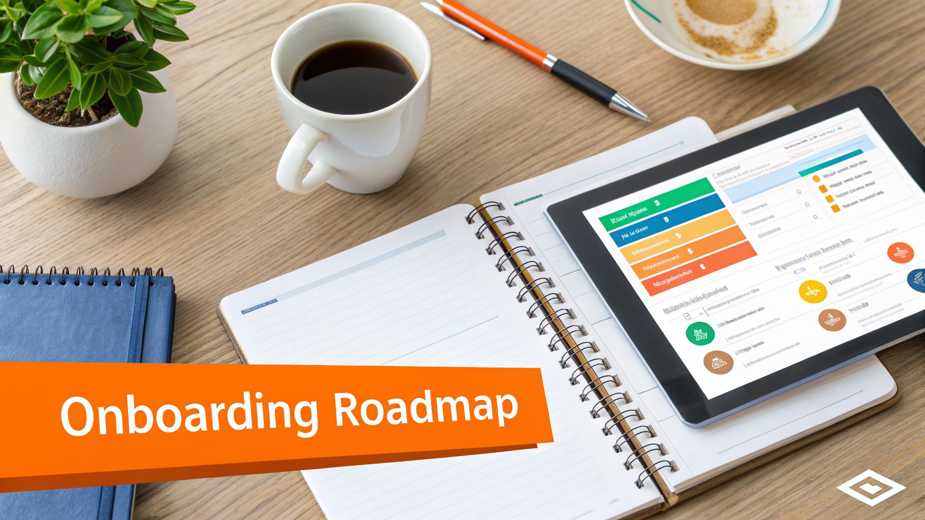 Overhead view of a desk with a tablet displaying an onboarding roadmap, coffee, and notebook.