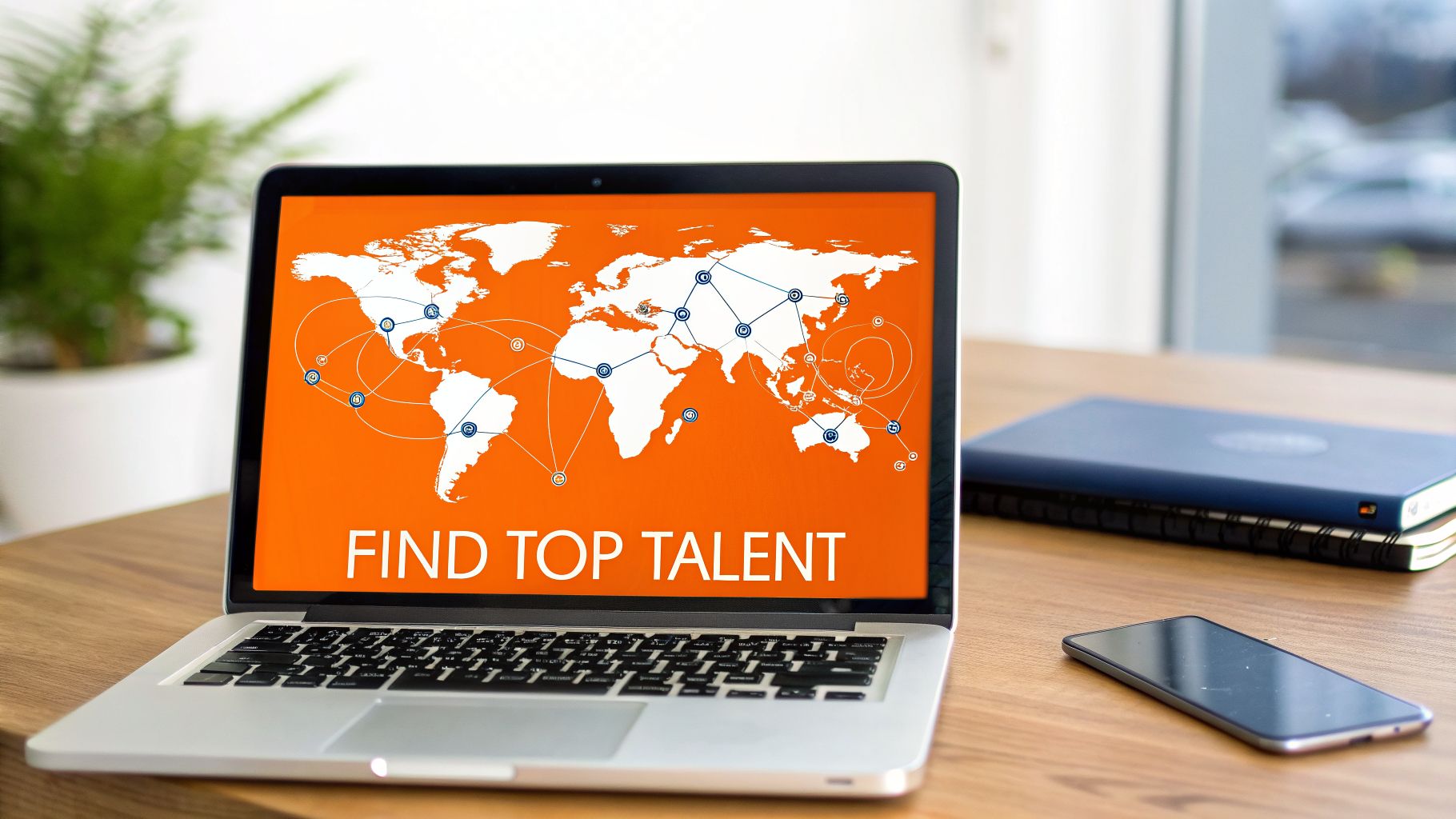 A laptop displaying a world map with 'FIND TOP TALENT' text, ideal for global remote hiring.