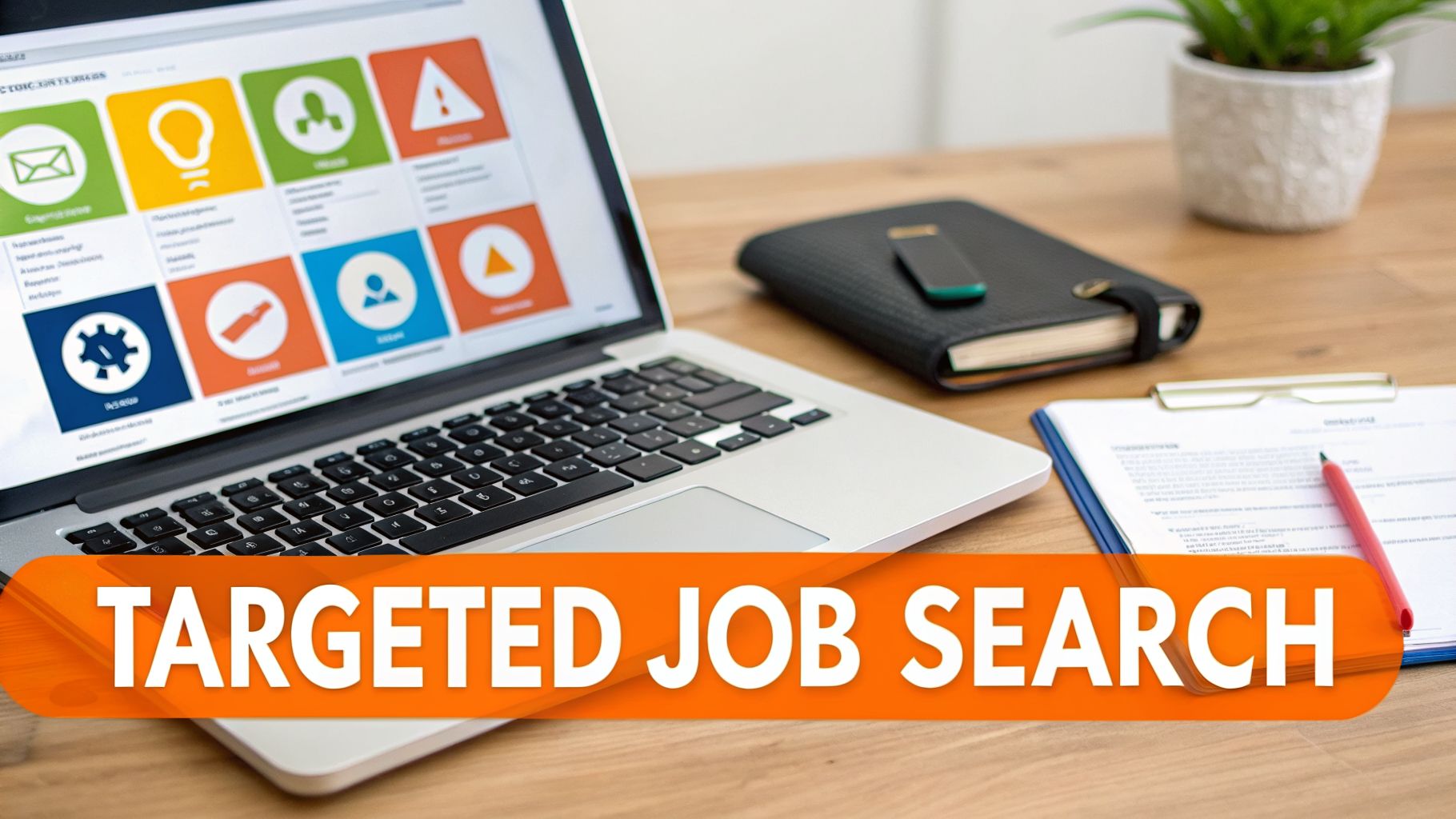 Laptop showing a job search portal with icons, alongside a notebook and clipboard, highlighting 'Targeted Job Search'.