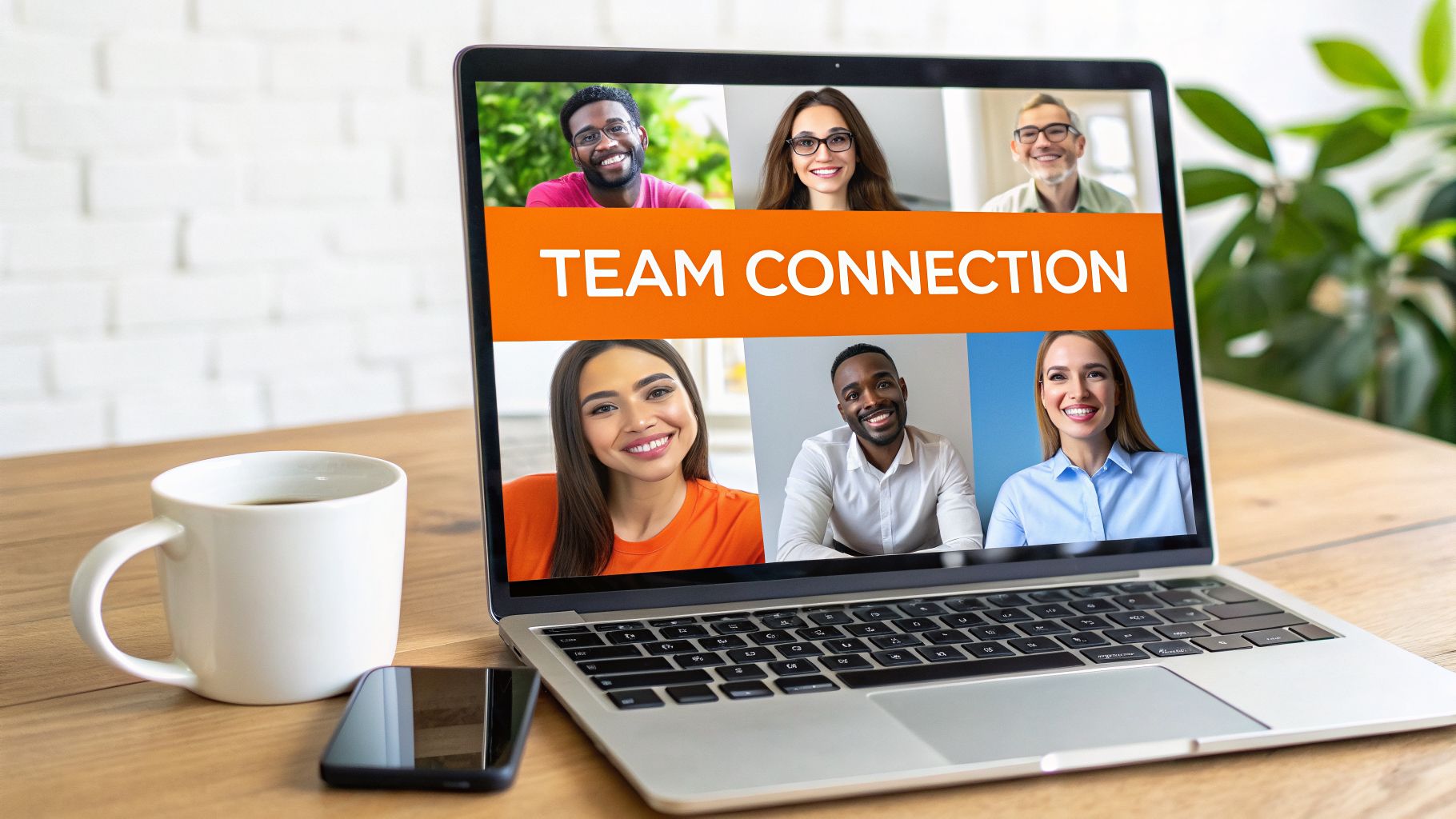 A laptop on a wooden desk displays a 'TEAM CONNECTION' video conference with diverse participants, alongside a coffee mug and smartphone.