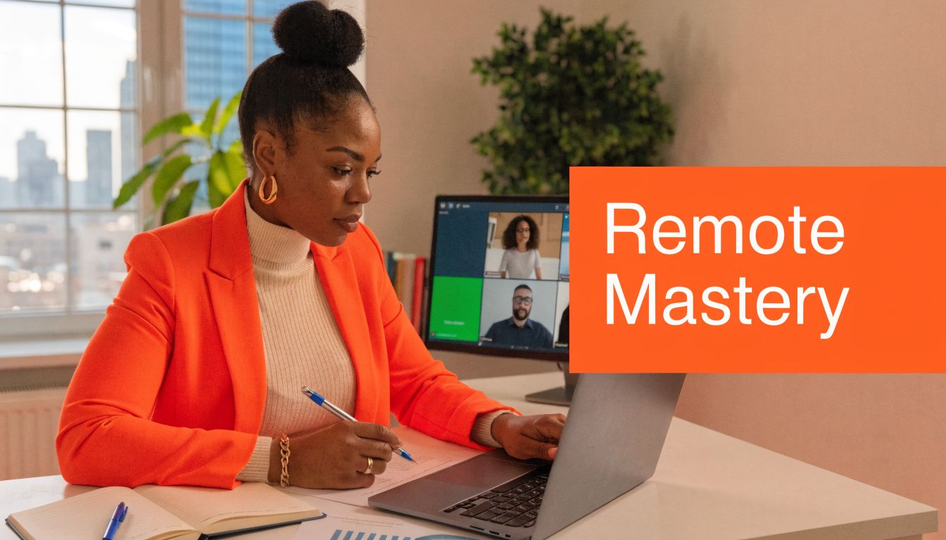 A professional woman working remotely on her laptop with a video conference call on her computer screen.