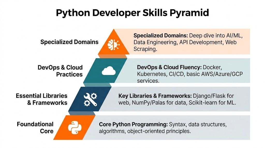 A hierarchical pyramid chart outlining the essential skills required for a professional Python developer's career progression.