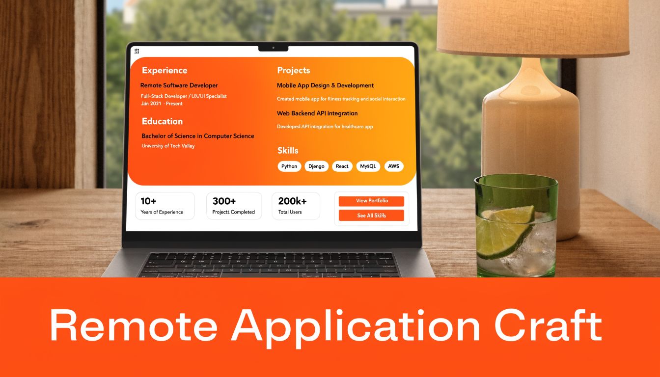 A laptop screen displaying a professional developer profile with experience, education, projects, and technical skills listed.