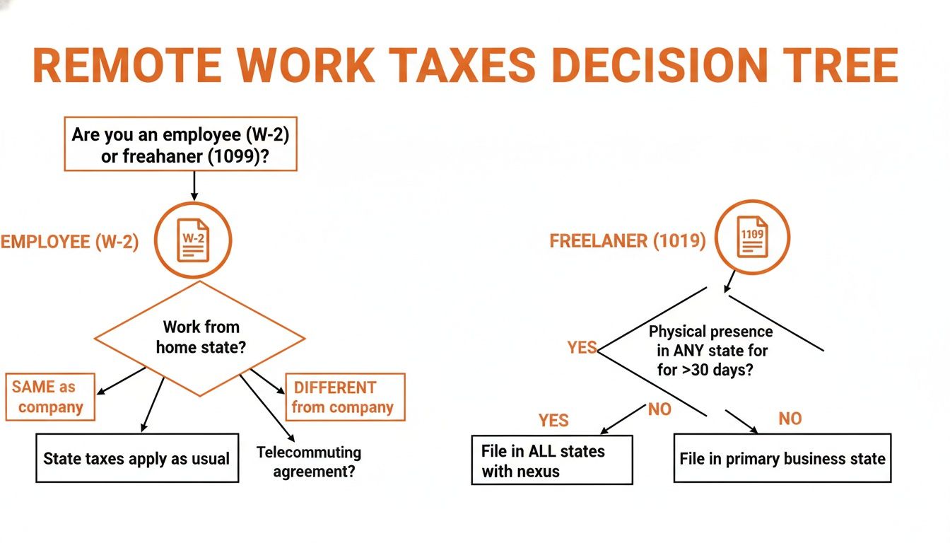 Decision tree illustrating remote work tax filing requirements for employees and freelancers.