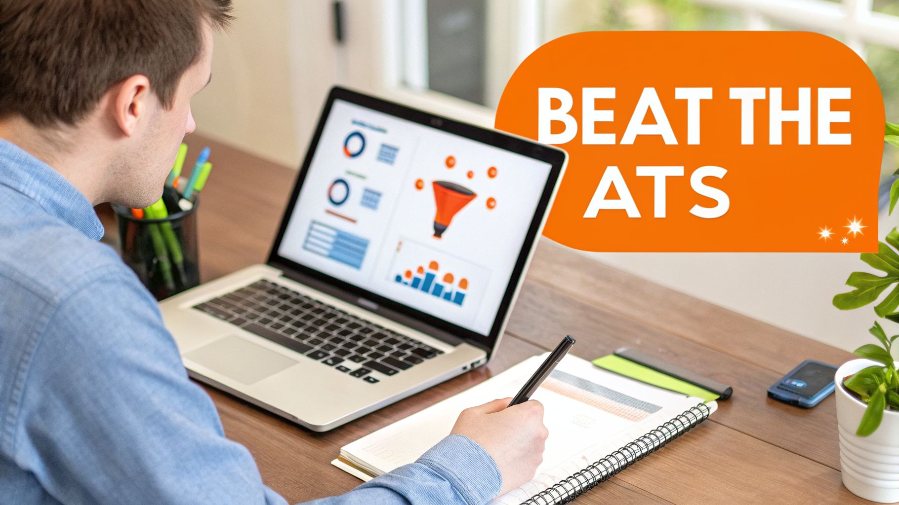 A man analyzing data on a laptop screen with a sales funnel graphic and a 'Beat the ATS' message.