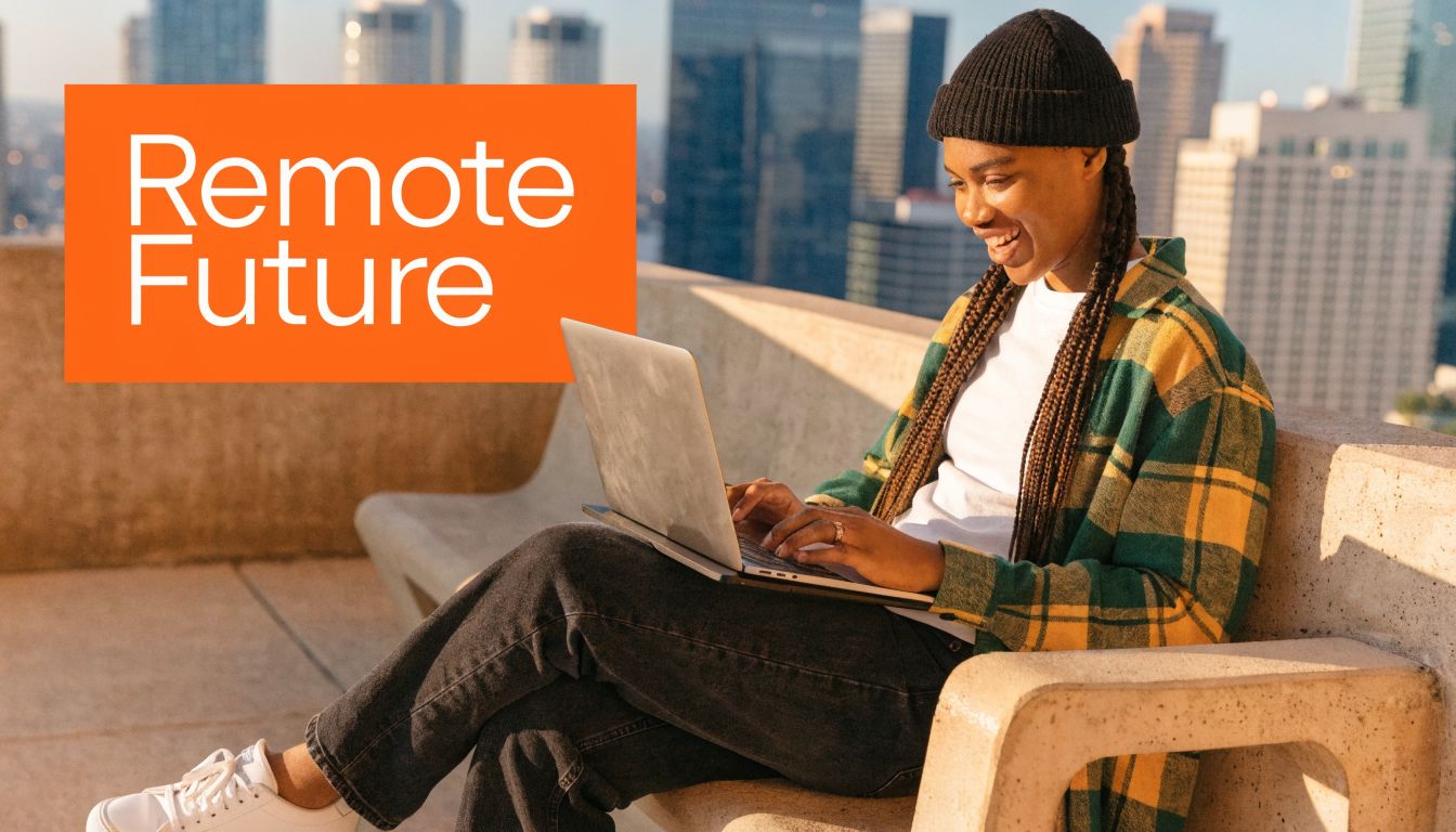 A smiling young woman wearing a beanie working on a laptop while sitting on a concrete bench.