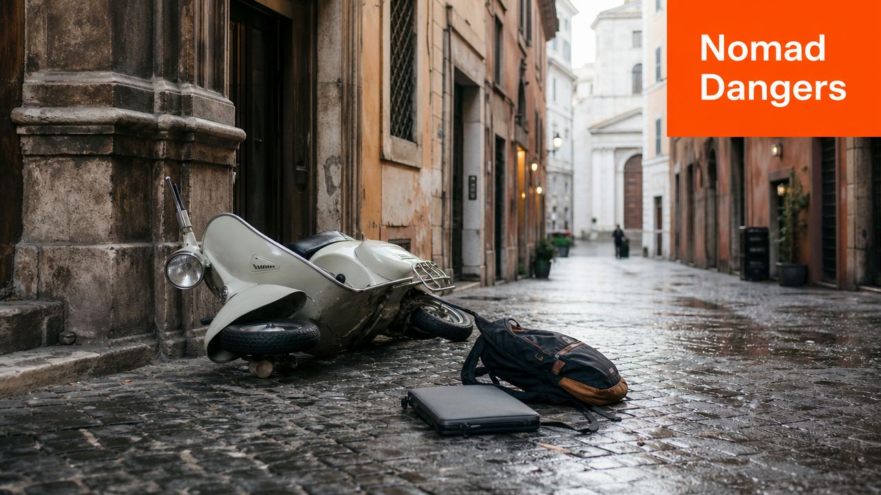 A fallen vintage scooter and backpack on a cobblestone street in an old European city.