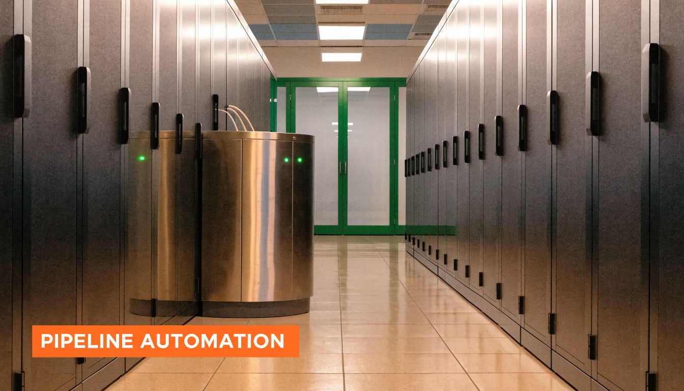 A modern data center aisle with a central stainless steel pillar surrounded by rows of server cabinets.